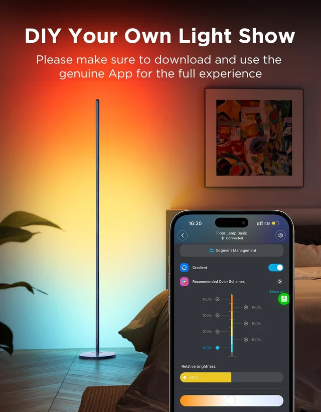 Alt view image 7 of 7 - RGBIC Floor Lamp Basic, 1000lm LED Corner Lamp, Blue | Works with Alexa, Smart Modern Floor Lamp with Music Sync and Color Changing Standing Lamp for Bedroom Living Room