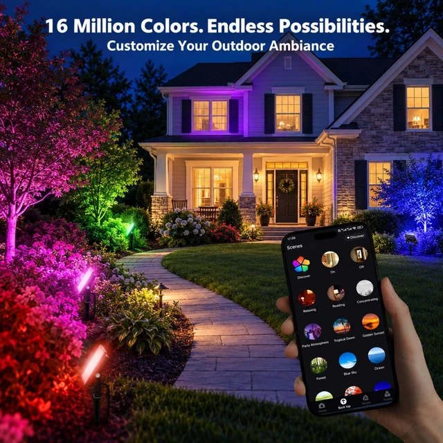 Alt view image 2 of 7 - 4 Pack 30W RGB Flood Lights Outdoor Color Changing Flood Lights | with App & Remote Control, IP66 Waterproof Uplights with Music Sync & Timer for Yard, Party, Landscape, Christmas, Halloween