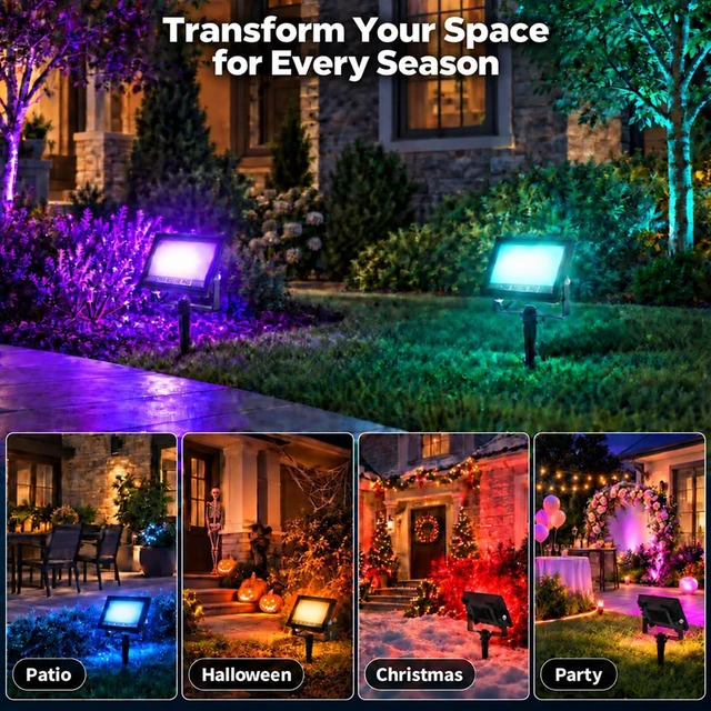 Alt view image 3 of 7 - 4 Pack 30W RGB Flood Lights Outdoor Color Changing Flood Lights | with App & Remote Control, IP66 Waterproof Uplights with Music Sync & Timer for Yard, Party, Landscape, Christmas, Halloween