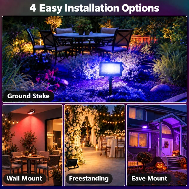 Alt view image 6 of 7 - 4 Pack 30W RGB Flood Lights Outdoor Color Changing Flood Lights | with App & Remote Control, IP66 Waterproof Uplights with Music Sync & Timer for Yard, Party, Landscape, Christmas, Halloween