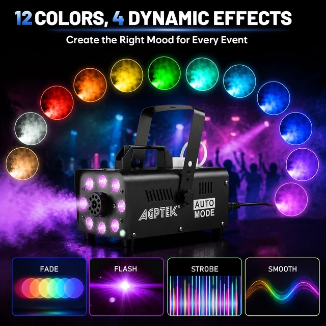 Alt view image 2 of 7 - Fog Machine, 12 Colors, 600W Smoke Machine, Low Fluid Auto Shutoff | 4000CFM, Auto Mode&Wireless Remote, RGB Effect, Dry Run Protect, Wedding, Halloween, Party, DJ Stage, Indoor&Outdoor Use