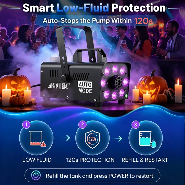Alt view image 3 of 7 - Fog Machine, 12 Colors, 600W Smoke Machine, Low Fluid Auto Shutoff | 4000CFM, Auto Mode&Wireless Remote, RGB Effect, Dry Run Protect, Wedding, Halloween, Party, DJ Stage, Indoor&Outdoor Use