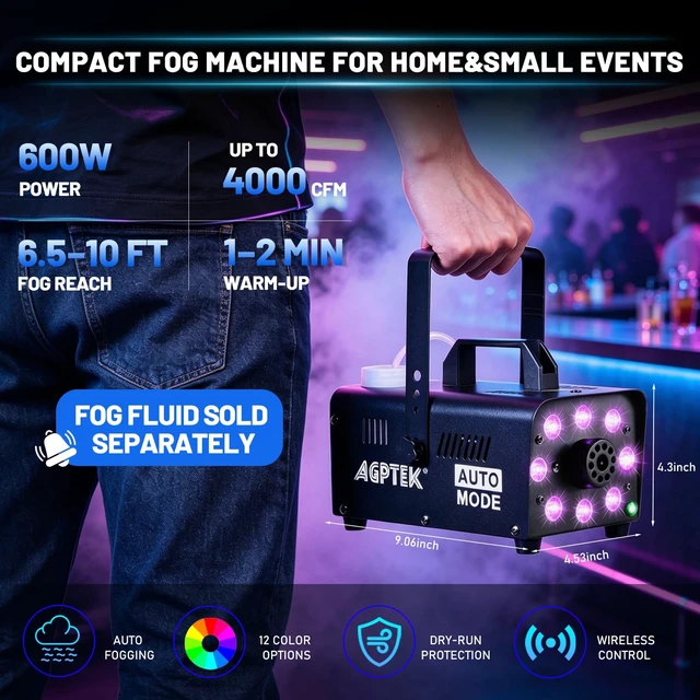 Alt view image 4 of 7 - Fog Machine, 12 Colors, 600W Smoke Machine, Low Fluid Auto Shutoff | 4000CFM, Auto Mode&Wireless Remote, RGB Effect, Dry Run Protect, Wedding, Halloween, Party, DJ Stage, Indoor&Outdoor Use