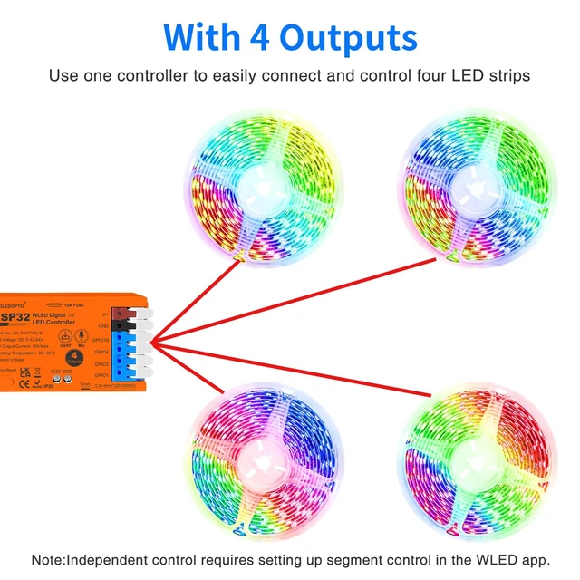 Alt view image 2 of 7 - ESP32 WLED LED Strip Light Controller 4 Channel Output 15A Fuse Link Level Shifter UART Download DIY Dynamic Lighting Mode APP Voice Control for Digital WS2811 WS2812 WS2815 SK6812 RGB IC String