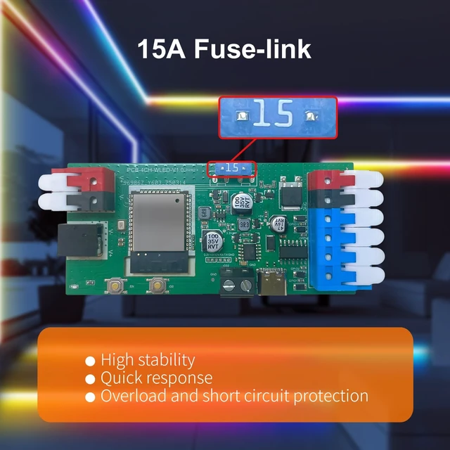 Alt view image 4 of 7 - ESP32 WLED LED Strip Light Controller 4 Channel Output 15A Fuse Link Level Shifter UART Download DIY Dynamic Lighting Mode APP Voice Control for Digital WS2811 WS2812 WS2815 SK6812 RGB IC String