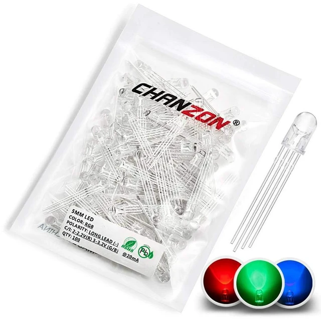 Main image of 100 pcs 5mm RGB Multicolor LED Diode Lights Common Cathode | (Clear Round Transparent 3 Color) 4 pin Bright Lighting Bulb Lamps Electronics Components Indicator Light Emitting Diodes