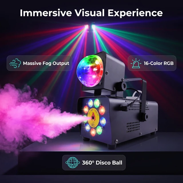 Alt view image 2 of 7 - Fog Machine with Disco Ball Light, 9 LED Smoke Machine, Wireless Remote | 16 Lights colors & disco ball, 600ml tank, wireless remote+voice sync, instant party vibe, indoor/outdoor, for events