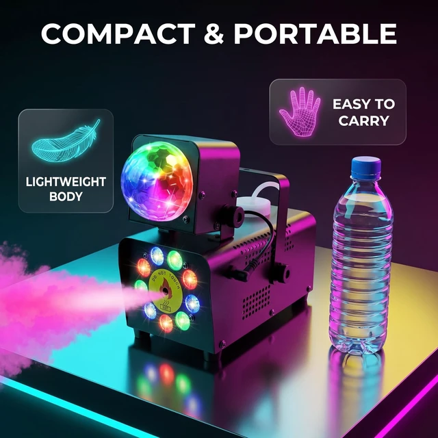 Alt view image 5 of 7 - Fog Machine with Disco Ball Light, 9 LED Smoke Machine, Wireless Remote | 16 Lights colors & disco ball, 600ml tank, wireless remote+voice sync, instant party vibe, indoor/outdoor, for events