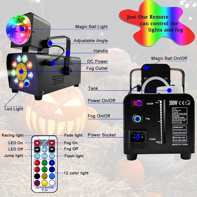 Alt view image 6 of 7 - Fog Machine with Disco Ball Light, 9 LED Smoke Machine, Wireless Remote | 16 Lights colors & disco ball, 600ml tank, wireless remote+voice sync, instant party vibe, indoor/outdoor, for events