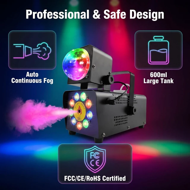 Alt view image 4 of 7 - Fog Machine with Disco Ball Light, 9 LED Smoke Machine, Wireless Remote | 16 Lights colors & disco ball, 600ml tank, wireless remote+voice sync, instant party vibe, indoor/outdoor, for events