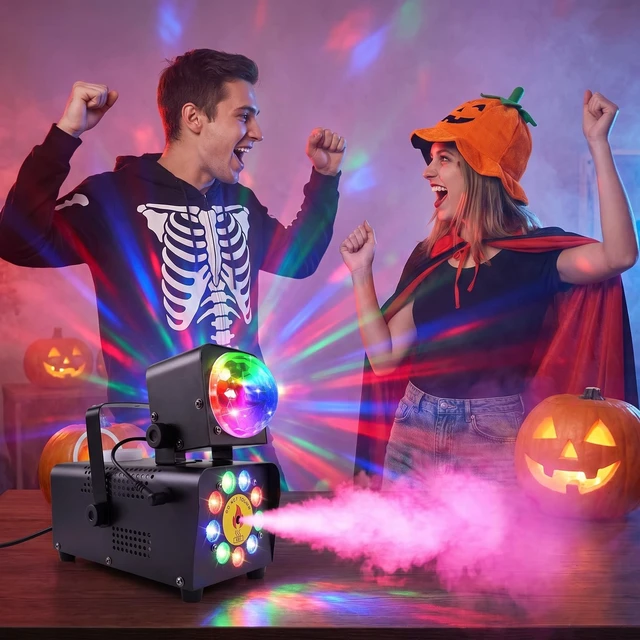 Alt view image 7 of 7 - Fog Machine with Disco Ball Light, 9 LED Smoke Machine, Wireless Remote | 16 Lights colors & disco ball, 600ml tank, wireless remote+voice sync, instant party vibe, indoor/outdoor, for events