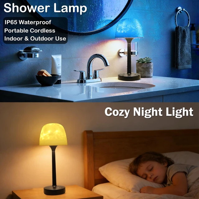 Alt view image 4 of 7 - Cordless Shower Lamp,Bedside Lamp,Touch Ocean Wave Projector Light,3 Way Color Temperature,16 Color Changing Light,Dimmable,Rechargeable Aurora Night Lights for Bedroom Bathroom, Waterproof