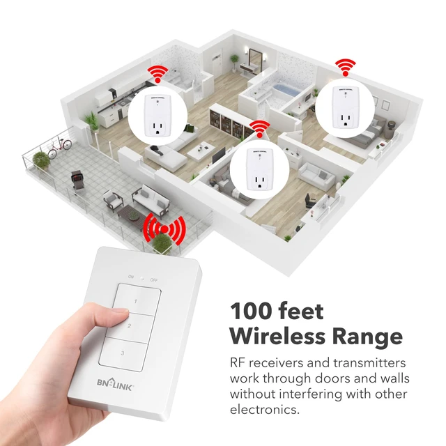 Alt view image 3 of 7 - Mini Wireless Wall-Mounting Remote Control Outlet Switch Power Plug in for Household Appliances, Wireless Remote Light Switch, LED Light Bulbs, White (3 Outlets)