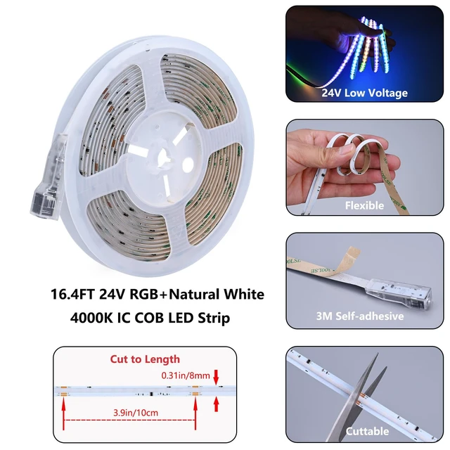 Alt view image 3 of 7 - RGBW IC COB LED Strip Natural White 4000K 16.4FT 24V 480LEDs/M IP20 | WS2811 IC Addressable Music-Sync Dimmable Color Changing Multicolor RGB+NW LED Tape Kit for Bedroom Gaming Room Party Lights
