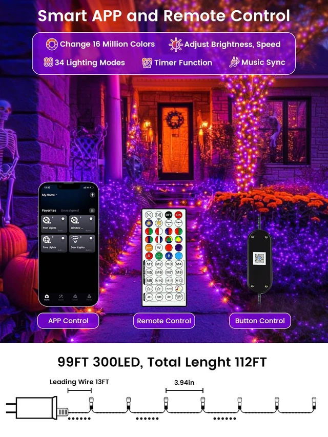 Alt view image 3 of 7 - Smart Color Changing Halloween Lights String 112FT 300 LED APP and Remote | Orange Purple Green, Custom Timer Settings, Music Sync, Multiple colors and modes, Group Control, Waterproof Outdoor Indoor