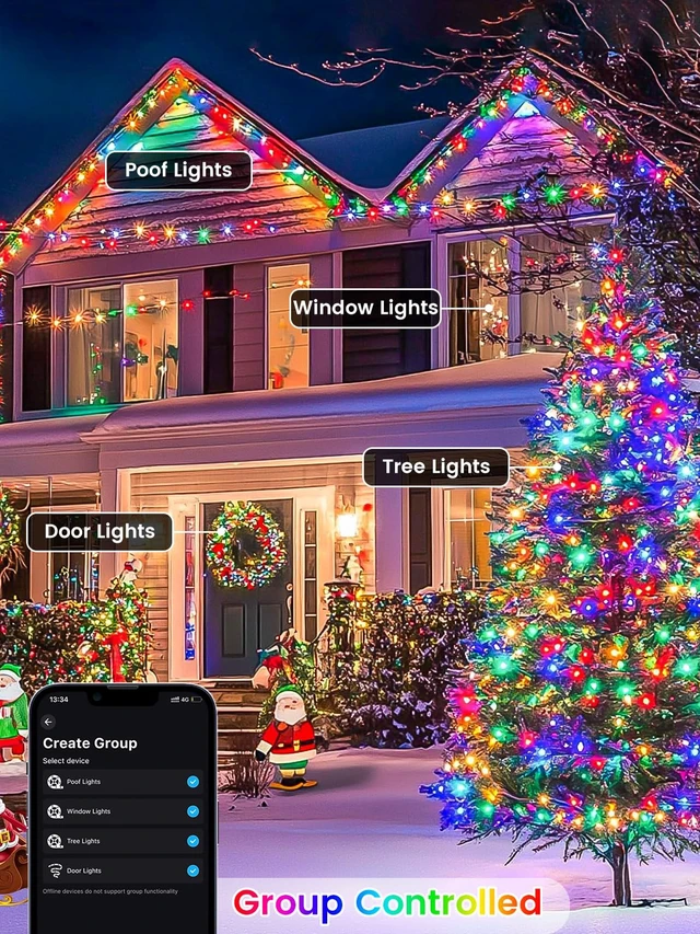 Alt view image 5 of 7 - Smart Color Changing Halloween Lights String 112FT 300 LED APP and Remote | Orange Purple Green, Custom Timer Settings, Music Sync, Multiple colors and modes, Group Control, Waterproof Outdoor Indoor