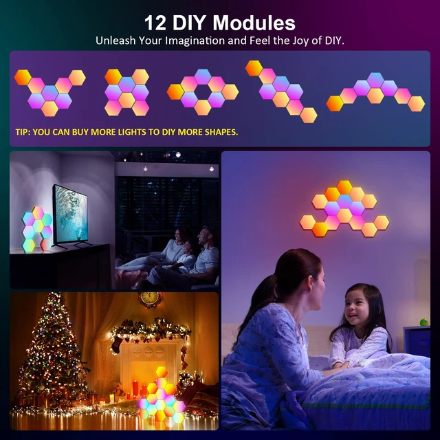 Alt view image 5 of 7 - 12 Pack Hexagon Lights Wall RGB Panel - Led Lights Gifts for Men/Women | Room Decor Lamp for Bedroom Gaming Equipment Gamer Supps Honeycomb Shape Panels Hexagon Gaming Lights