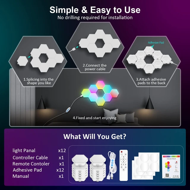 Alt view image 7 of 7 - 12 Pack Hexagon Lights Wall RGB Panel - Led Lights Gifts for Men/Women | Room Decor Lamp for Bedroom Gaming Equipment Gamer Supps Honeycomb Shape Panels Hexagon Gaming Lights