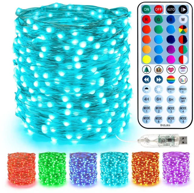 Main image of USB RGB Fairy Lights with Remote, 33ft 100 LED for Xmas Halloween | Silver wire color changing LED w/ rainbow mode; 540+ modes; Brightness & speed adjust; Music sync for wedding indoor holiday