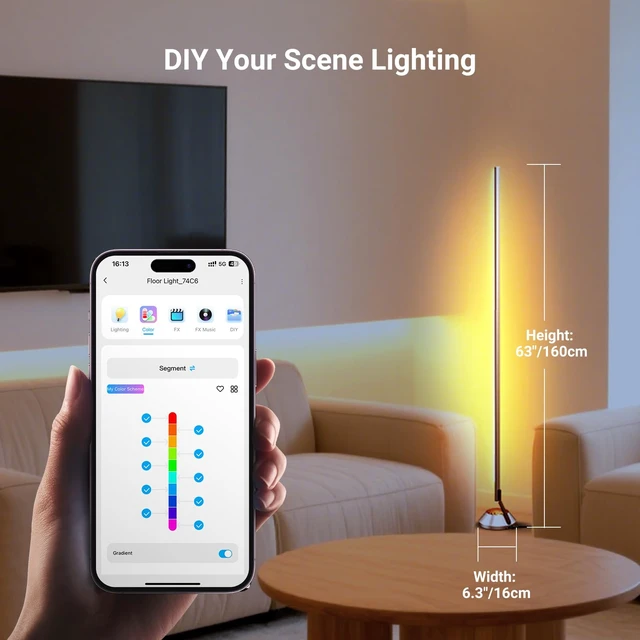 Alt view image 6 of 7 - NF01 Smart RGB IC W Floor Lamp, 1500lm LED Standing Corner Light | Compatible with Alexa Google, APP Control/AI DIY/Music Sync/16M Colors, Ambience Lighting, Bedroom Living Room Home Decor