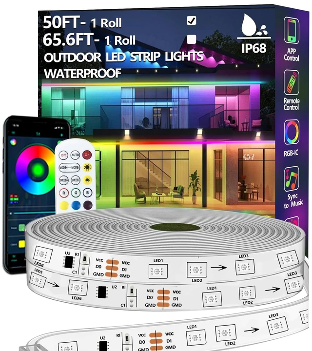 Main image of 50FT Outdoor LED Strip Light Waterproof,IP68 Outside RGB+IC Light Strip with App/Remote Control,Chase Mode,Music Sync Light for Balcony,Deck,Rooftop,Garden,Pool