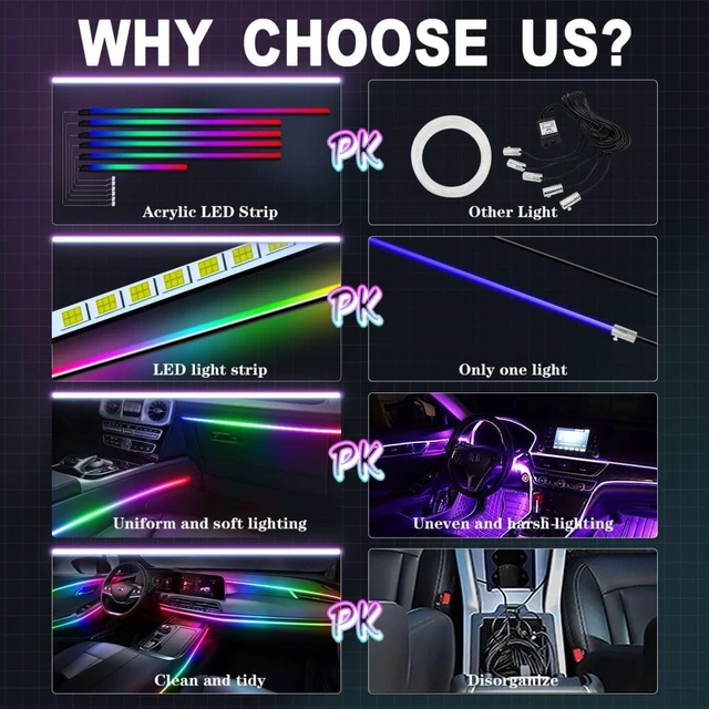 Alt view image 2 of 6 - Dreamcolor Acrylic Interior Car Lights, Car Accessories 6 in 1 Car LED Strip Lights with APP Control and 213 Modes, 175 inches 593 LEDs Fiber Optic Lights, RGB Neon Light Kits