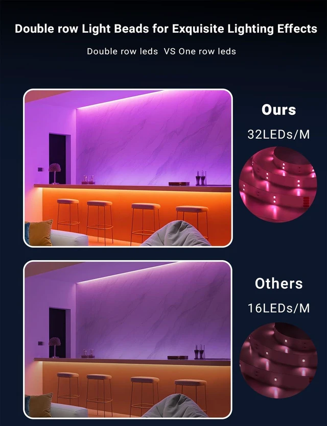 Alt view image 2 of 6 - Smart Color Changing LED Strip Lights, 100FT Double Row 720 LEDs, Music Sync Ambient Lighting with App Voice Remote, Flexible Strips for Bedroom Aesthetic, Kitchen & Party Home Decoration