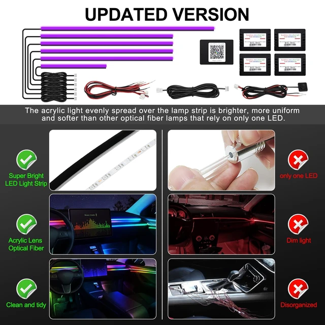 Alt view image 5 of 7 - Acrylic Interior Car LED Strip Light with Wireless APP, RGB 6 in 1 with 175 inches 593 LEDs Fiber Optic Ambient Lighting Kits, 16 Million Colors Sound Active Function Car Neon Lights