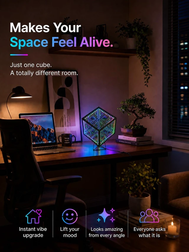 Alt view image 2 of 7 - Infinity Mirror Hyper Cube Table Lamp, Desk Art Mood Light | Color-Changing Sound-Activated APP-Controlled Ambient Light for Gaming, Party, Home, Gift