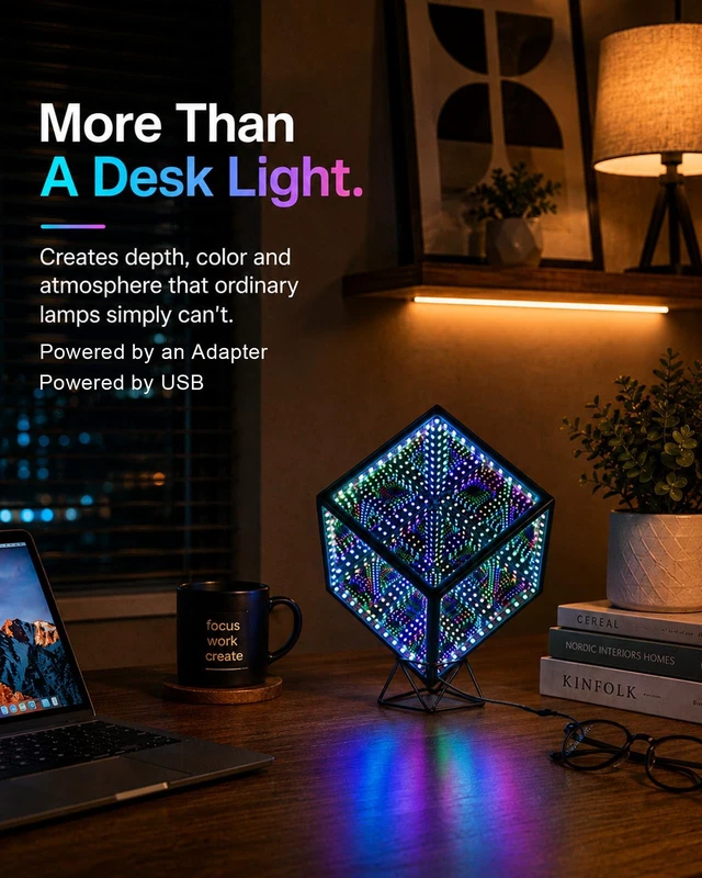 Alt view image 3 of 7 - Infinity Mirror Hyper Cube Table Lamp, Desk Art Mood Light | Color-Changing Sound-Activated APP-Controlled Ambient Light for Gaming, Party, Home, Gift