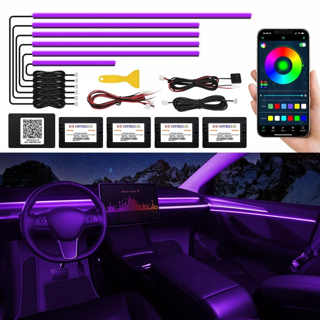 Main image of Acrylic Interior Car LED Strip Light with Wireless APP, RGB 6 in 1 with 175 inches 593 LEDs Fiber Optic Ambient Lighting Kits, 16 Million Colors Sound Active Function Car Neon Lights