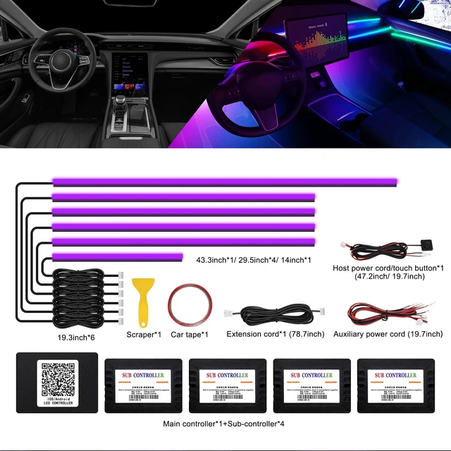 Alt view image 3 of 7 - Acrylic Interior Car LED Strip Light with Wireless APP, RGB 6 in 1 with 175 inches 593 LEDs Fiber Optic Ambient Lighting Kits, 16 Million Colors Sound Active Function Car Neon Lights