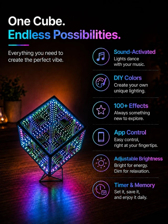 Alt view image 7 of 7 - Infinity Mirror Hyper Cube Table Lamp, Desk Art Mood Light | Color-Changing Sound-Activated APP-Controlled Ambient Light for Gaming, Party, Home, Gift