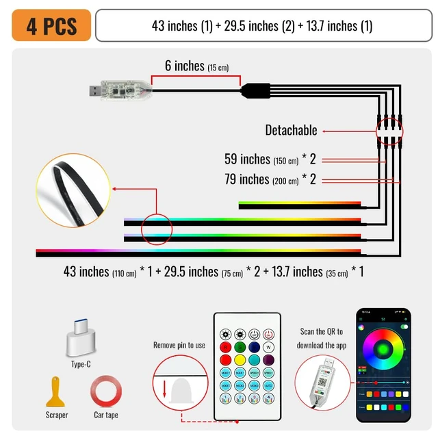 Alt view image 4 of 7 - Lighting Car Led Lights Interior with APP, USB Powered Acrylic Neon Flexible Strip Fiber Optic LED Ambient Lighting kit,4 in 1 Car Center Console Dashboard RGB Sound Active Music Lights Sync