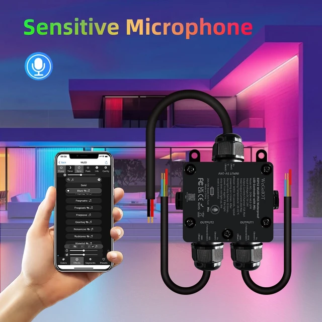 Alt view image 3 of 7 - Waterproof ESP32 WLED Controller with Mic , Project for Pool Boat Landscape Outdoor Lights IP65 Dynamic RGB IC DIY Lighting WiFi APP Control for WS2812B DC5-24V RGBW LED Controller (2 Channel)