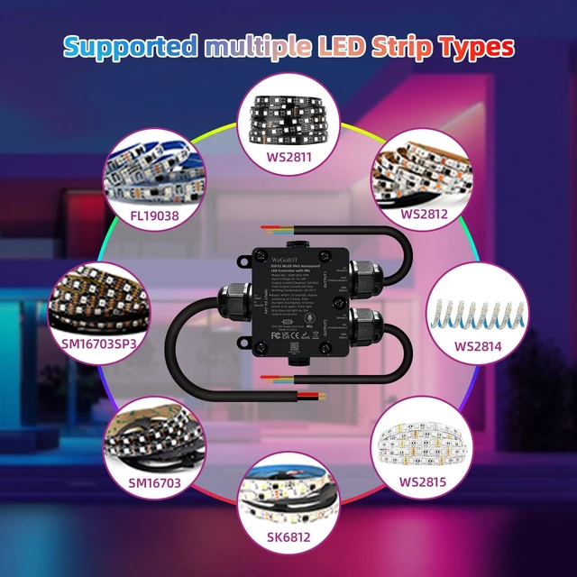 Alt view image 4 of 7 - Waterproof ESP32 WLED Controller with Mic , Project for Pool Boat Landscape Outdoor Lights IP65 Dynamic RGB IC DIY Lighting WiFi APP Control for WS2812B DC5-24V RGBW LED Controller (2 Channel)