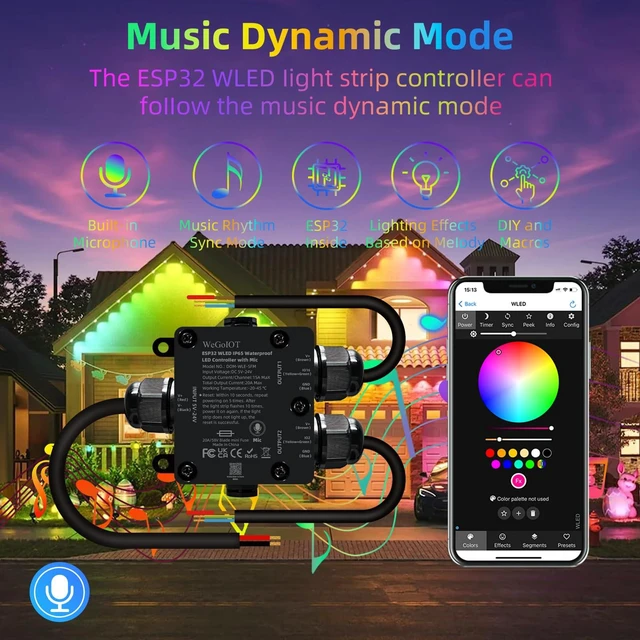 Alt view image 7 of 7 - Waterproof ESP32 WLED Controller with Mic , Project for Pool Boat Landscape Outdoor Lights IP65 Dynamic RGB IC DIY Lighting WiFi APP Control for WS2812B DC5-24V RGBW LED Controller (2 Channel)