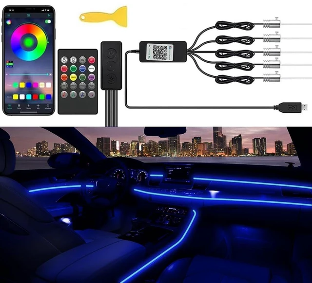 Main image of Car LED Interior Strip Lights, RGB Car Interior LED Light Wireless APP Button Remote Control, 5 in 1 Fiber Optic Ambient Lighting Kit with 236 Inches, EL Wire Lights for Car Inside