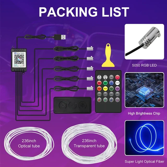 Alt view image 5 of 7 - Car LED Interior Strip Lights, RGB Car Interior LED Light Wireless APP Button Remote Control, 5 in 1 Fiber Optic Ambient Lighting Kit with 236 Inches, EL Wire Lights for Car Inside