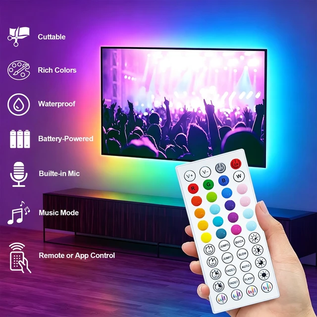 Alt view image 5 of 7 - 2Pack 6.6FT RGB LED Strip Lights Battery Power Color Changing Music Sync App Remote Control, Waterproof LED Light Strips Battery Operated USB Lights for TV Cabinet Closet Shelves DIY Lighting
