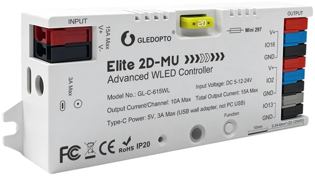 Main image of GLEDOPTO Elite ESP32 WLED LED Controller Dynamic I2S PDM Mic Sound Reactive 20A Fuse Level Shifter Dynamic Light UART Energy Save Relay for WS2811 WS2812 SK6812 WS2813 WS2815 Addressable RGB IC Strip