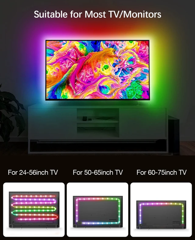 Alt view image 6 of 7 - TV Led Backlight,13.1ft ICRGB LED Lights for TV USB Light Strip for 40-65 inch Monitor Behind Lighting, Rainbow Color TV Lights Music Sync Bluetooth APP Control with Remote