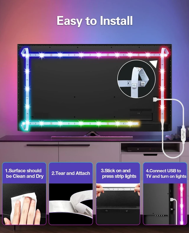 Alt view image 7 of 7 - TV Led Backlight,13.1ft ICRGB LED Lights for TV USB Light Strip for 40-65 inch Monitor Behind Lighting, Rainbow Color TV Lights Music Sync Bluetooth APP Control with Remote