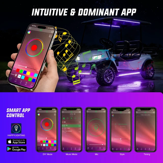 Alt view image 6 of 7 - 6PCS Golf Cart RGB LED Underglow Light Strips Kit APP & Remote | Multi-Mode Neon Accent Lighting Lamp Sound Active Music Sync IP67 Waterproof 12V-66V Input for EZGO Yamaha Club Car