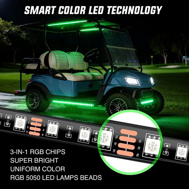 Alt view image 3 of 7 - 6PCS Golf Cart RGB LED Underglow Light Strips Kit APP & Remote | Multi-Mode Neon Accent Lighting Lamp Sound Active Music Sync IP67 Waterproof 12V-66V Input for EZGO Yamaha Club Car