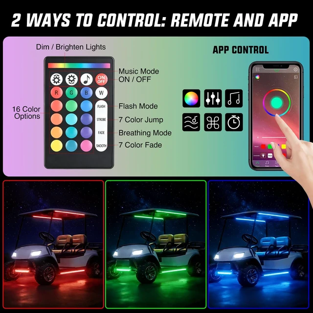 Alt view image 5 of 7 - 6PCS Golf Cart RGB LED Underglow Light Strips Kit APP & Remote | Multi-Mode Neon Accent Lighting Lamp Sound Active Music Sync IP67 Waterproof 12V-66V Input for EZGO Yamaha Club Car
