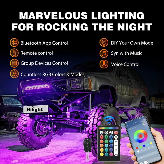 Alt view image 3 of 7 - RGB LED Rock Lights Kit 6 PCS 18LED Wide Angle Wheel Well Light | With Remote & Bluetooth App Dual Control Multi Modes Underglow Multicolor Neon Pod For ATV UTV SUV Truck RZR Boat