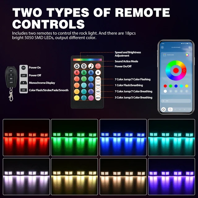 Alt view image 4 of 7 - RGB LED Rock Lights Kit 6 PCS 18LED Wide Angle Wheel Well Light | With Remote & Bluetooth App Dual Control Multi Modes Underglow Multicolor Neon Pod For ATV UTV SUV Truck RZR Boat