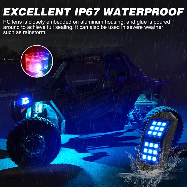 Alt view image 7 of 7 - RGB LED Rock Lights Kit 6 PCS 18LED Wide Angle Wheel Well Light | With Remote & Bluetooth App Dual Control Multi Modes Underglow Multicolor Neon Pod For ATV UTV SUV Truck RZR Boat