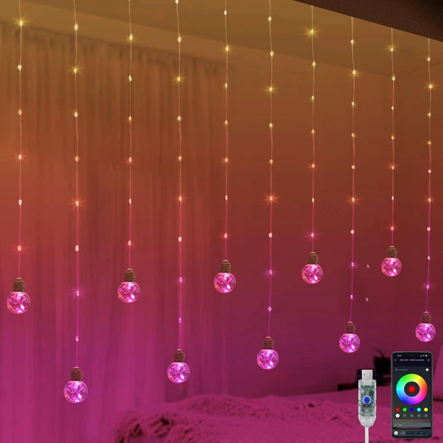 Main image of Color Changing Wishing Ball Curtain Lights, 9.8 x 3.3 FT RGB LED Fairy Light with Remote App Control, Music Sync Window Backdrop Wall Hanging Lights for Bedroom Party Halloween Christmas Decoration